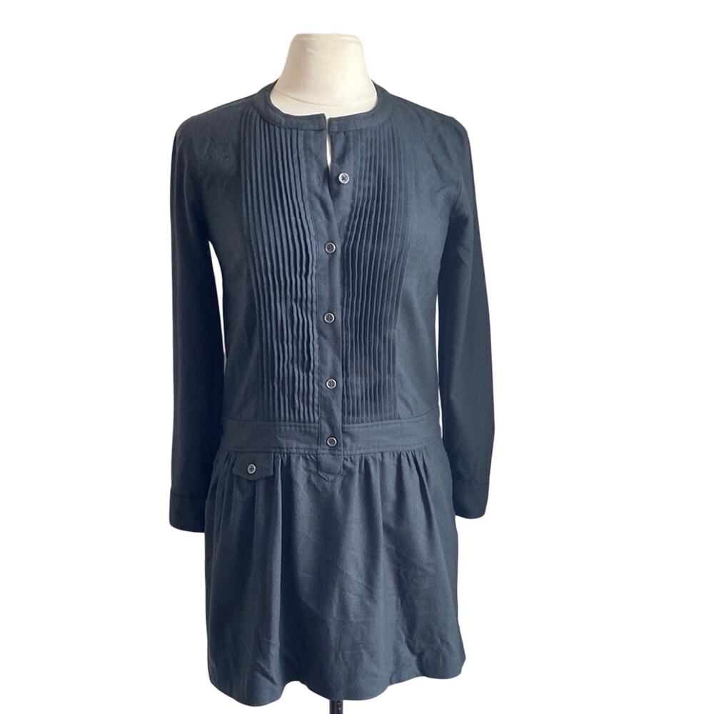 J. CREW Drop Waist Dress Womens Sz 2 Grey Wool Pleated Front Button Down